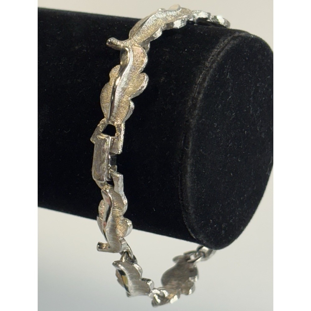 Vintage Silver Tone Leaf Bracelet Panel Link Mid‎ Century Signed Judy Lee